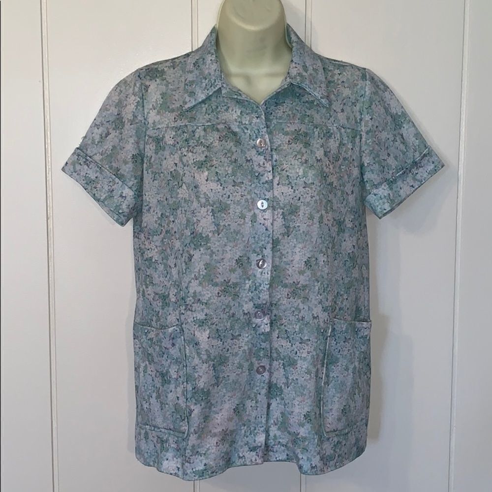 Vtg 70s green & blue floral polyester smock top
